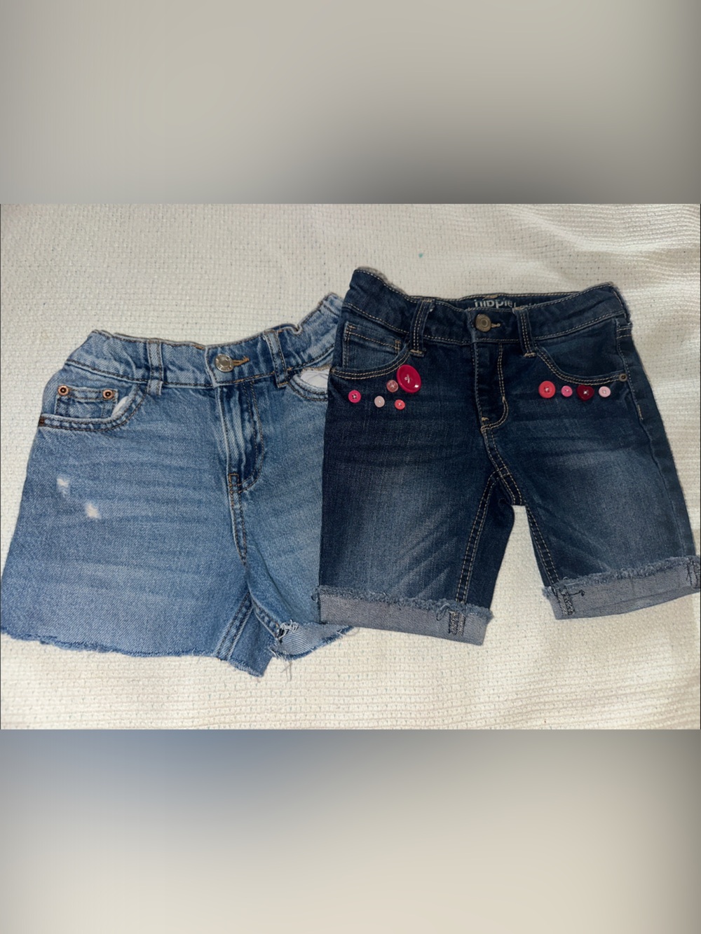 Zara Girls' Denim Shorts Set - Light Blue & Dark Blue with Pink Buttons